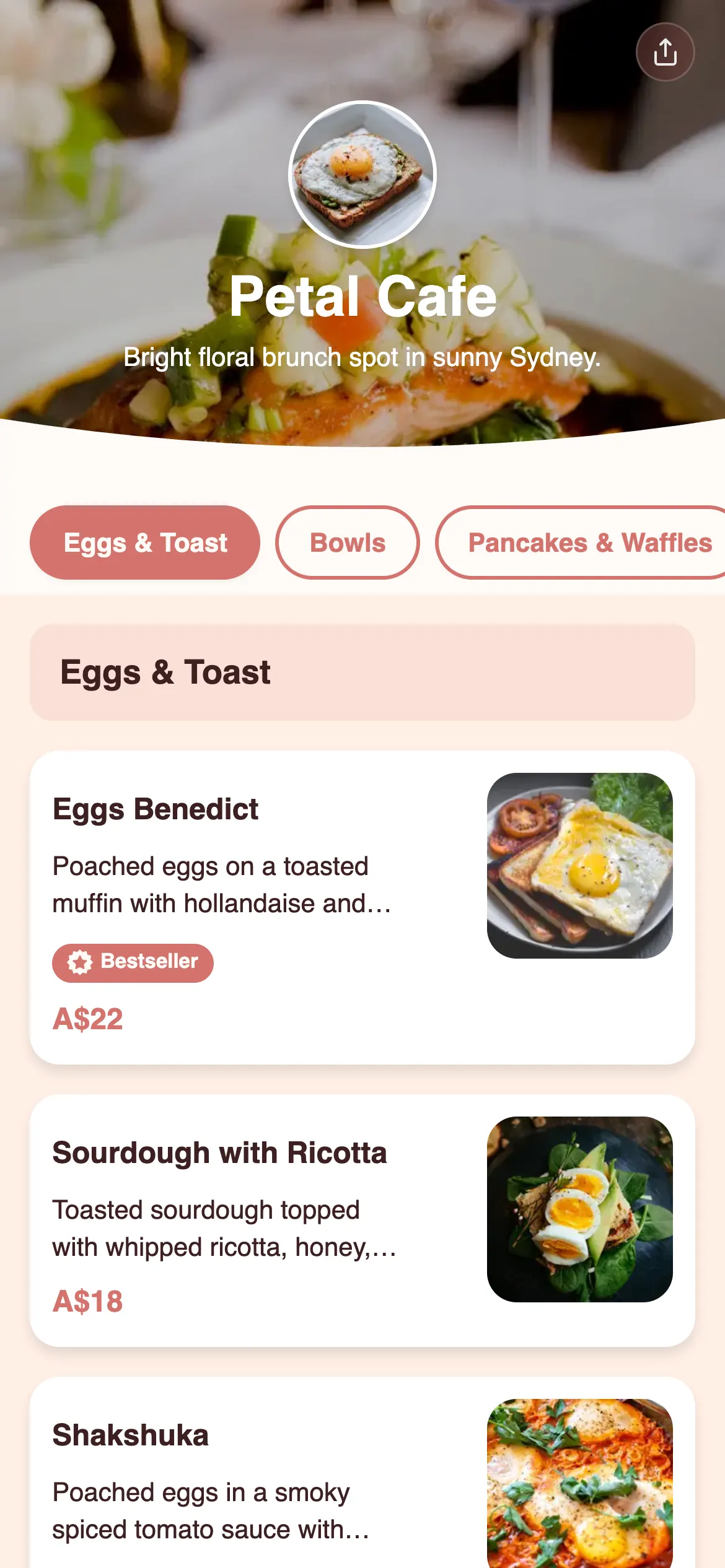 Petal Cafe digital menu template