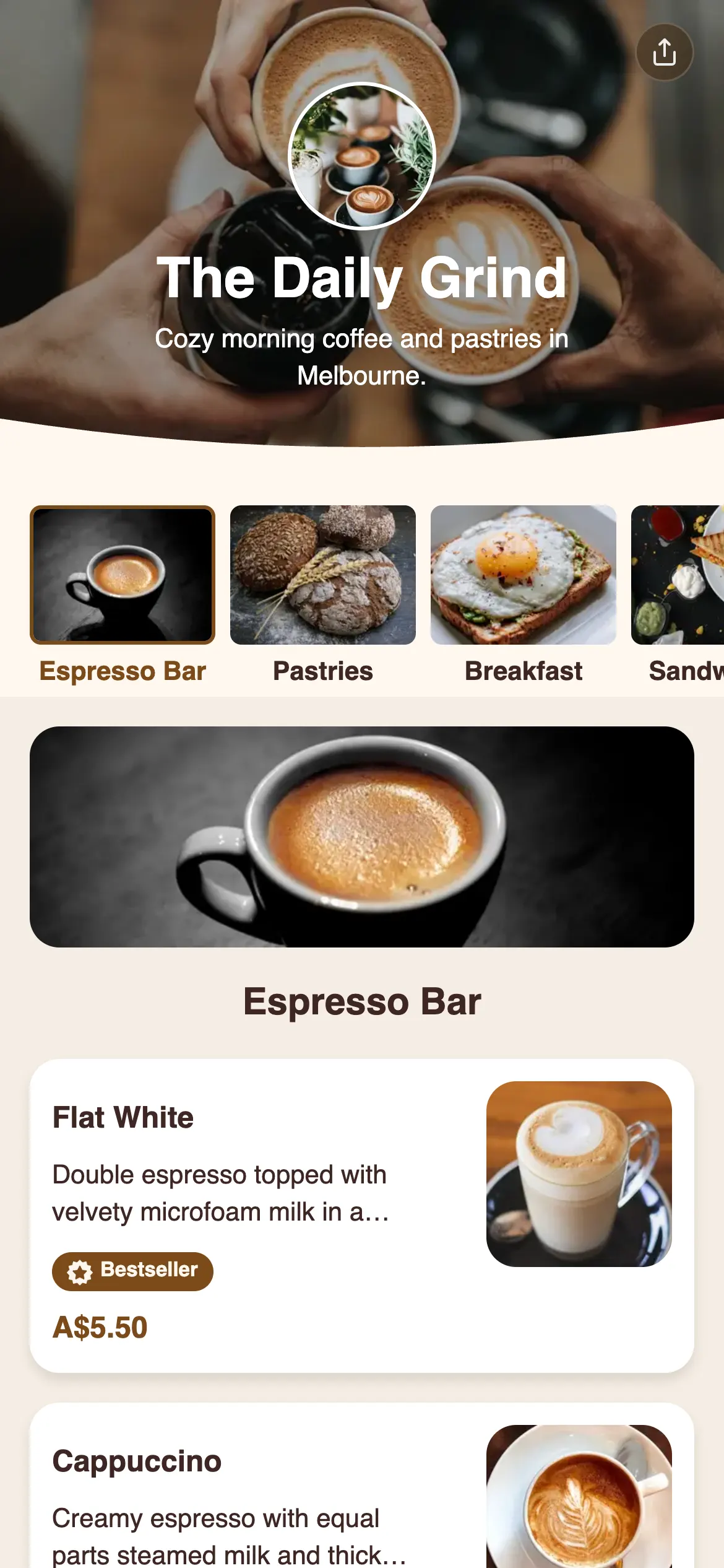 The Daily Grind menu
