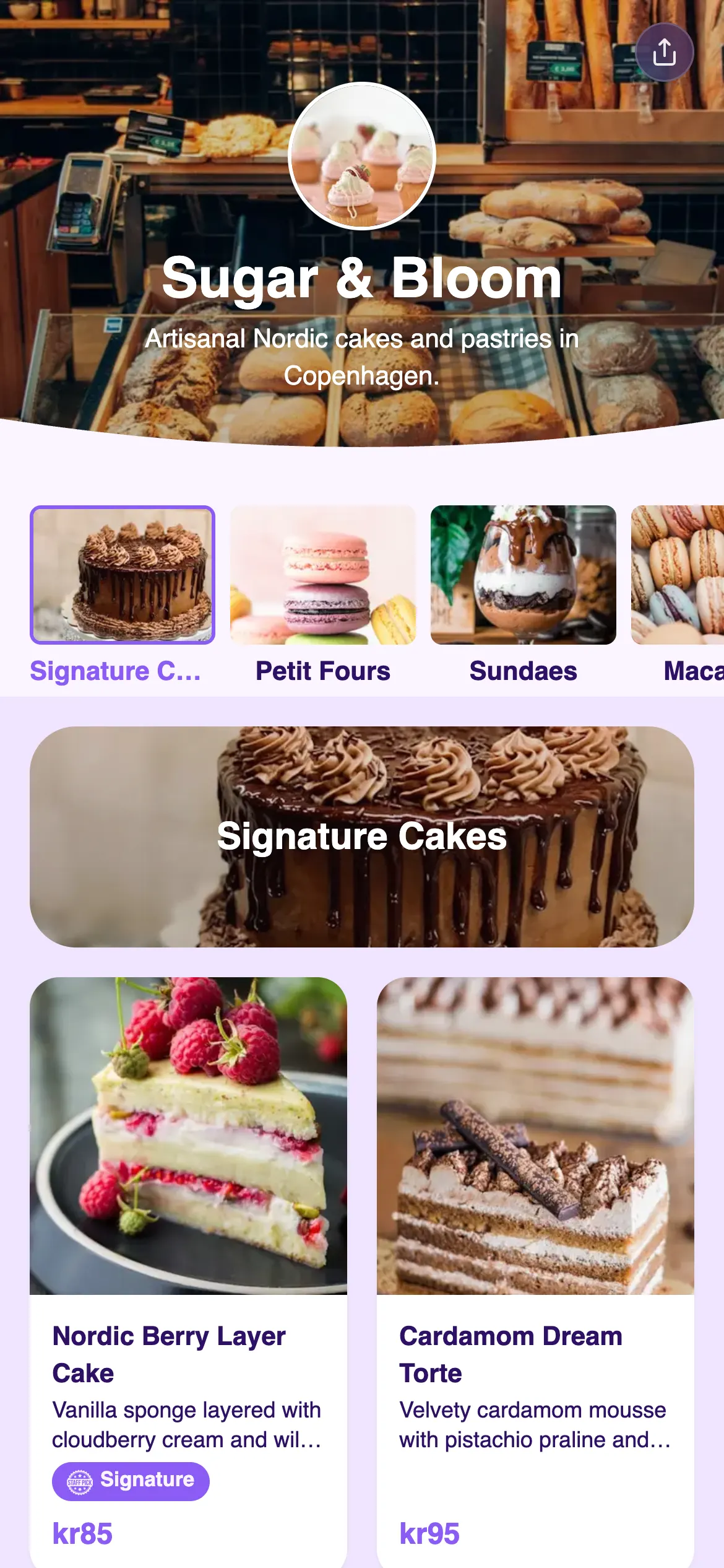 Sugar & Bloom digital menu template