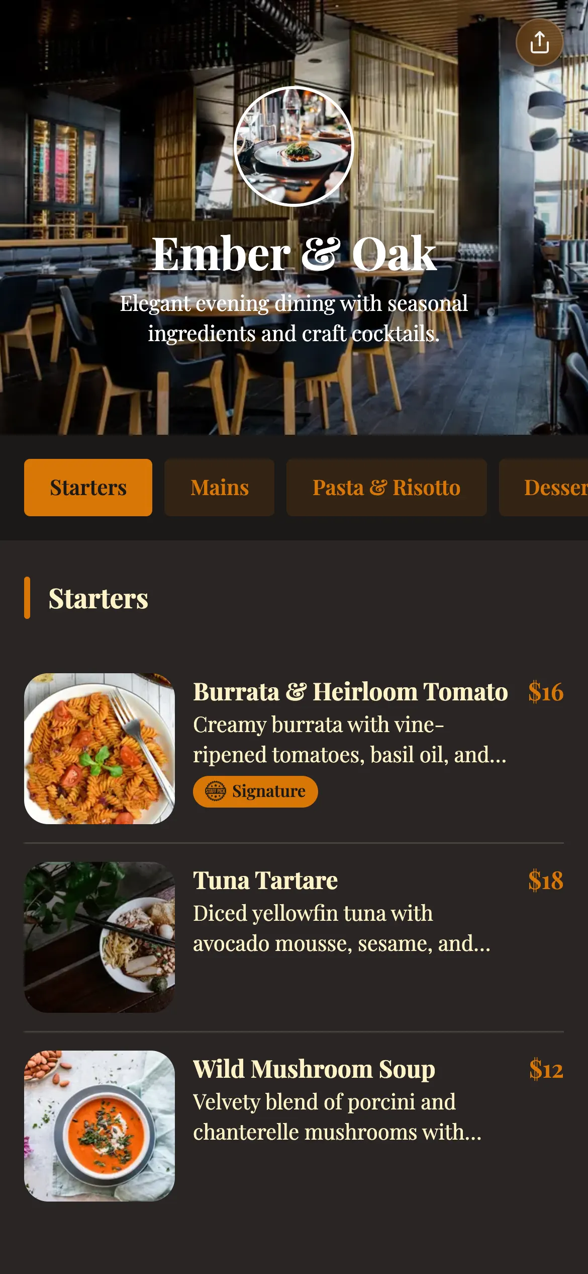 Ember & Oak digital menu template