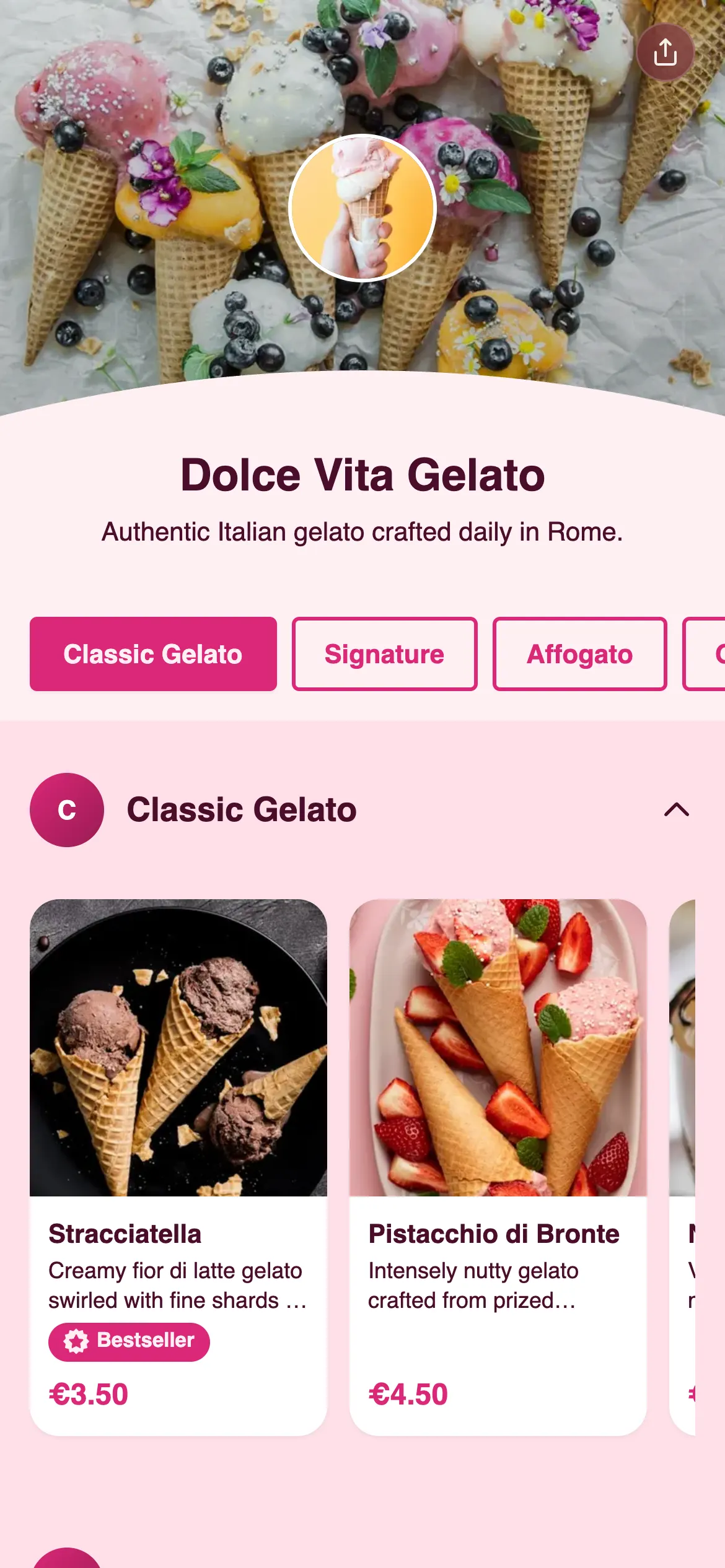 Dolce Vita Gelato digital menu template