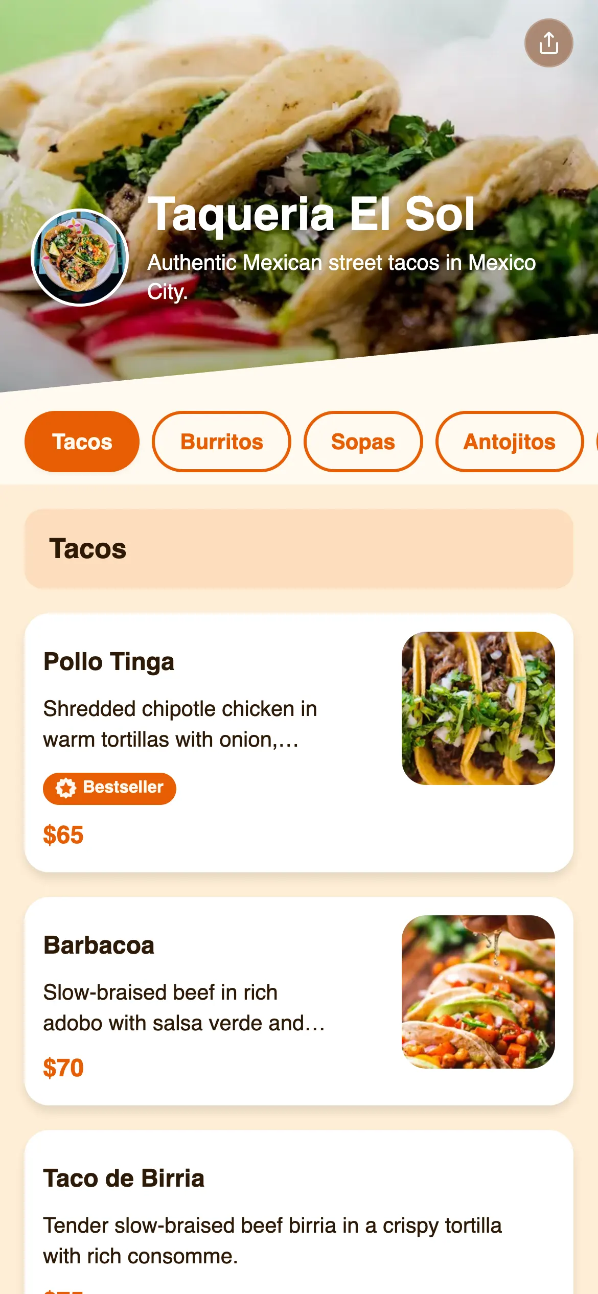 Taqueria El Sol digital menu template