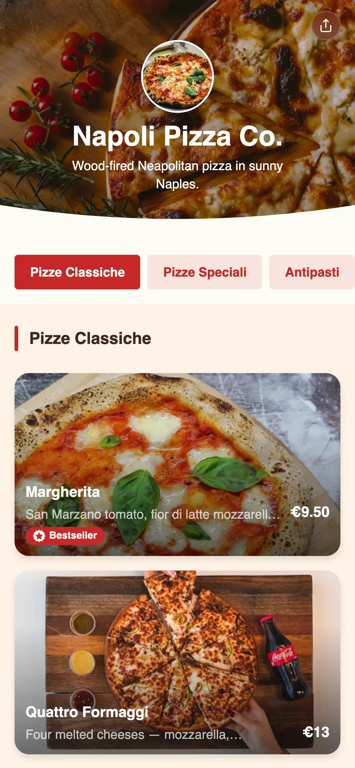 Napoli Pizza Co. menu
