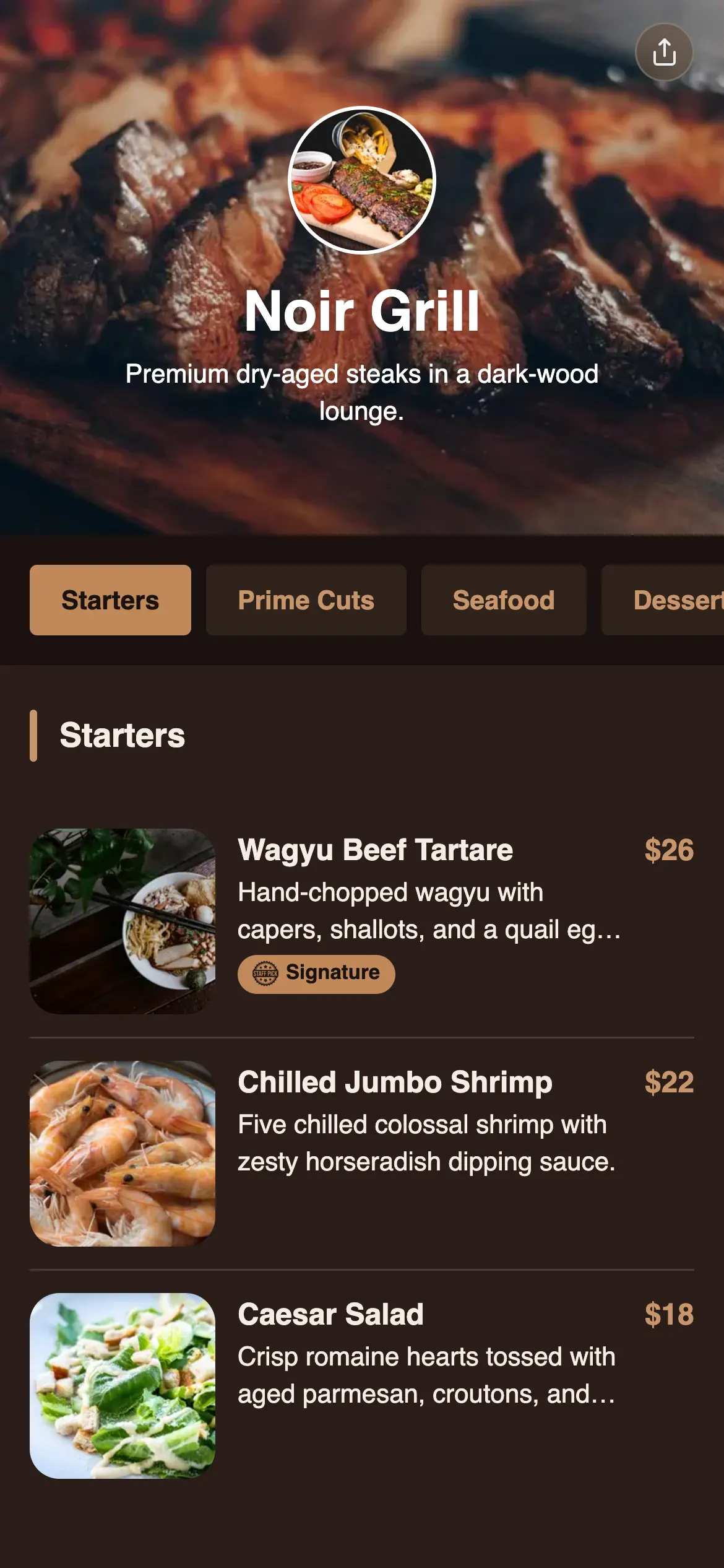 Noir Grill menu