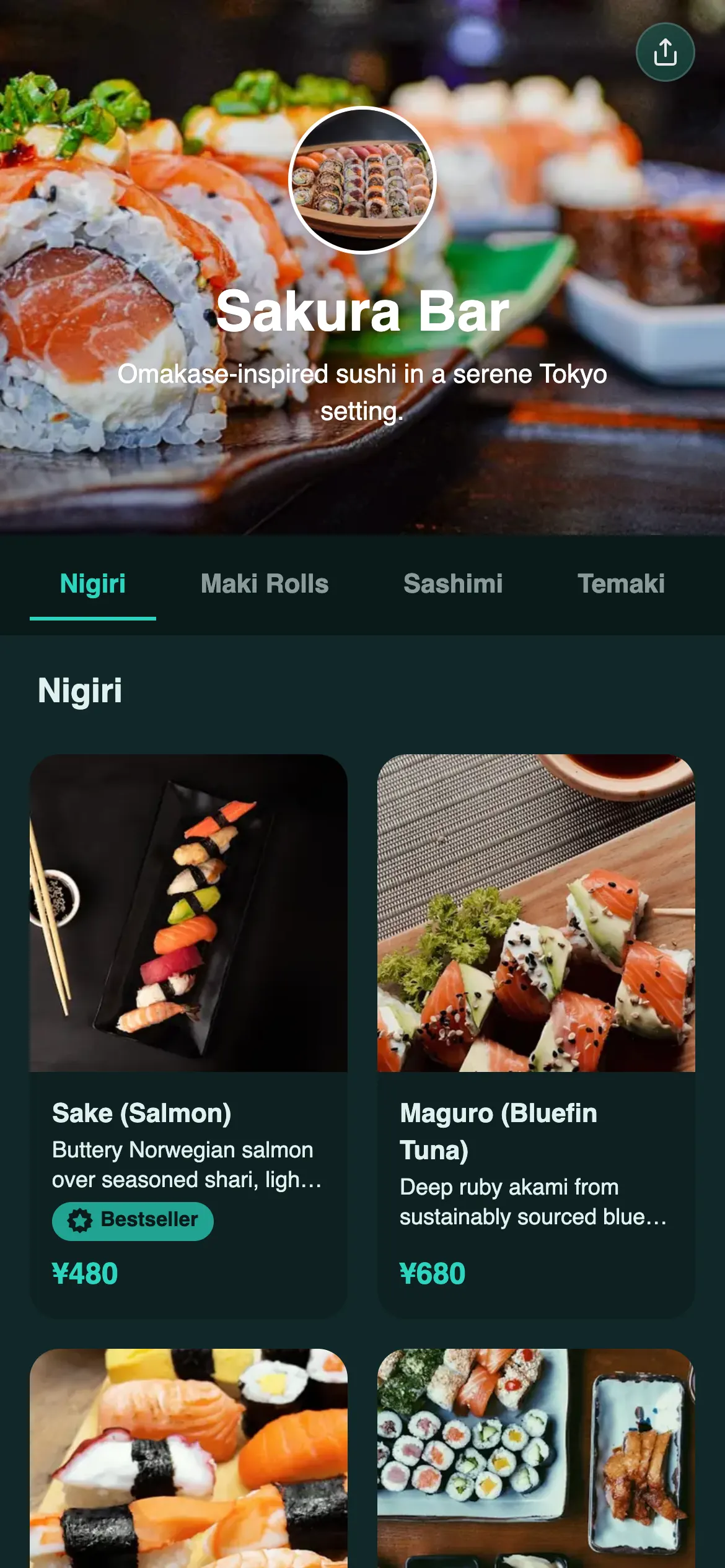 Sakura Bar menu