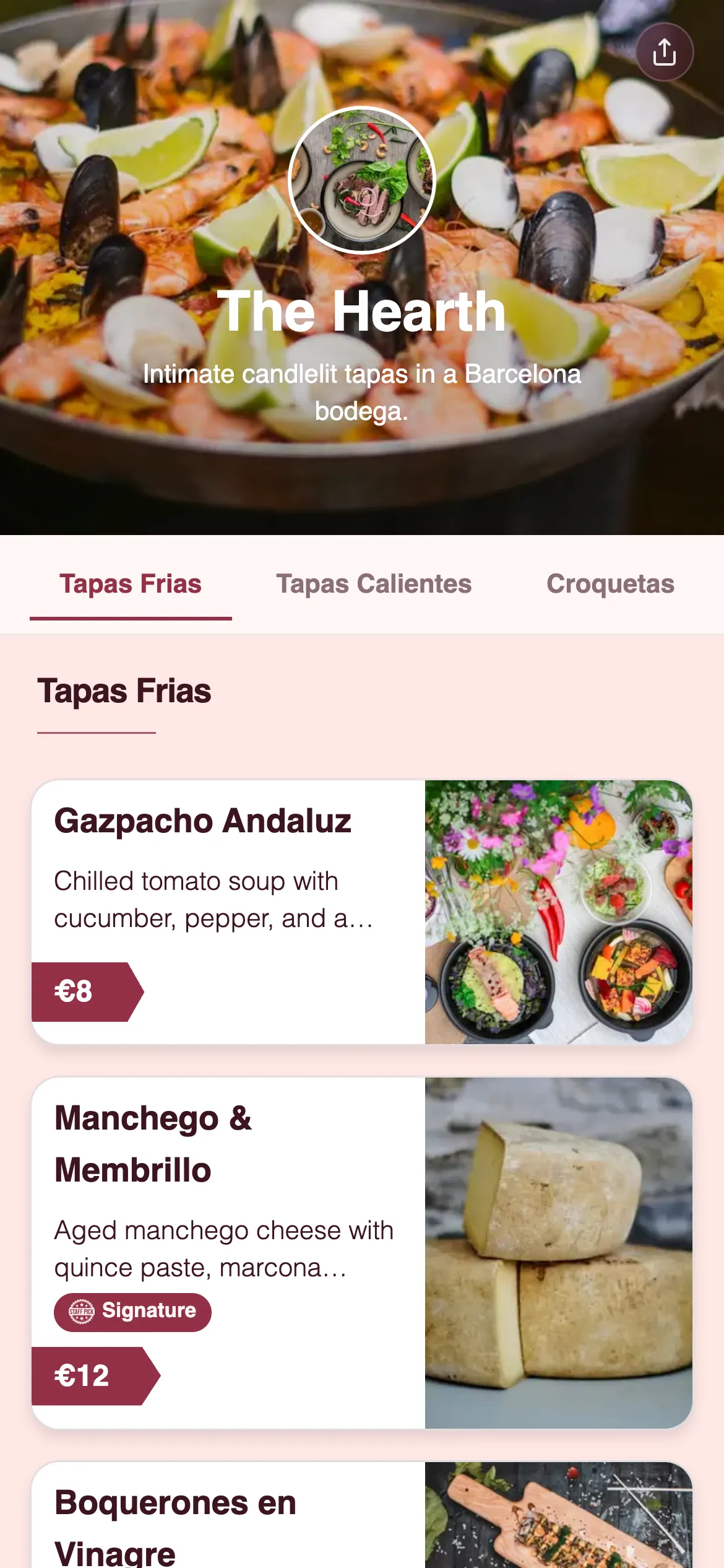 The Hearth digital menu template